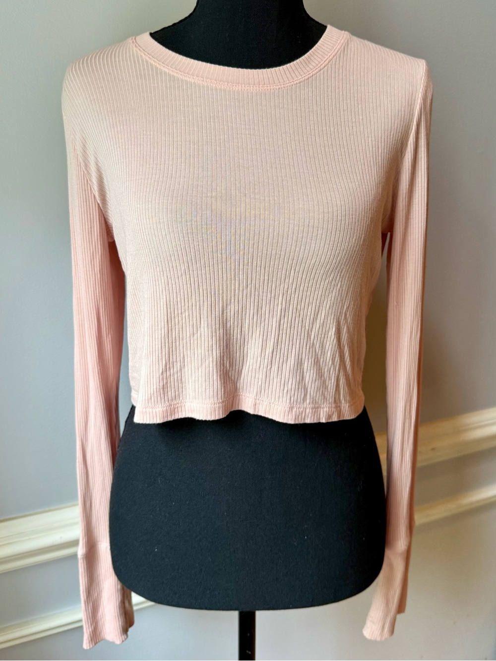 OFFLINE By Aerie Ribbed Cropped Long Sleeve Top Blush Pink Thumbhole Small